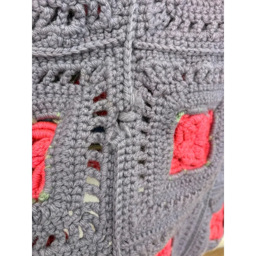 FLAWED Crochet Granny Square Blanket Purple 3D Pink Roses Handmade Cottagecore